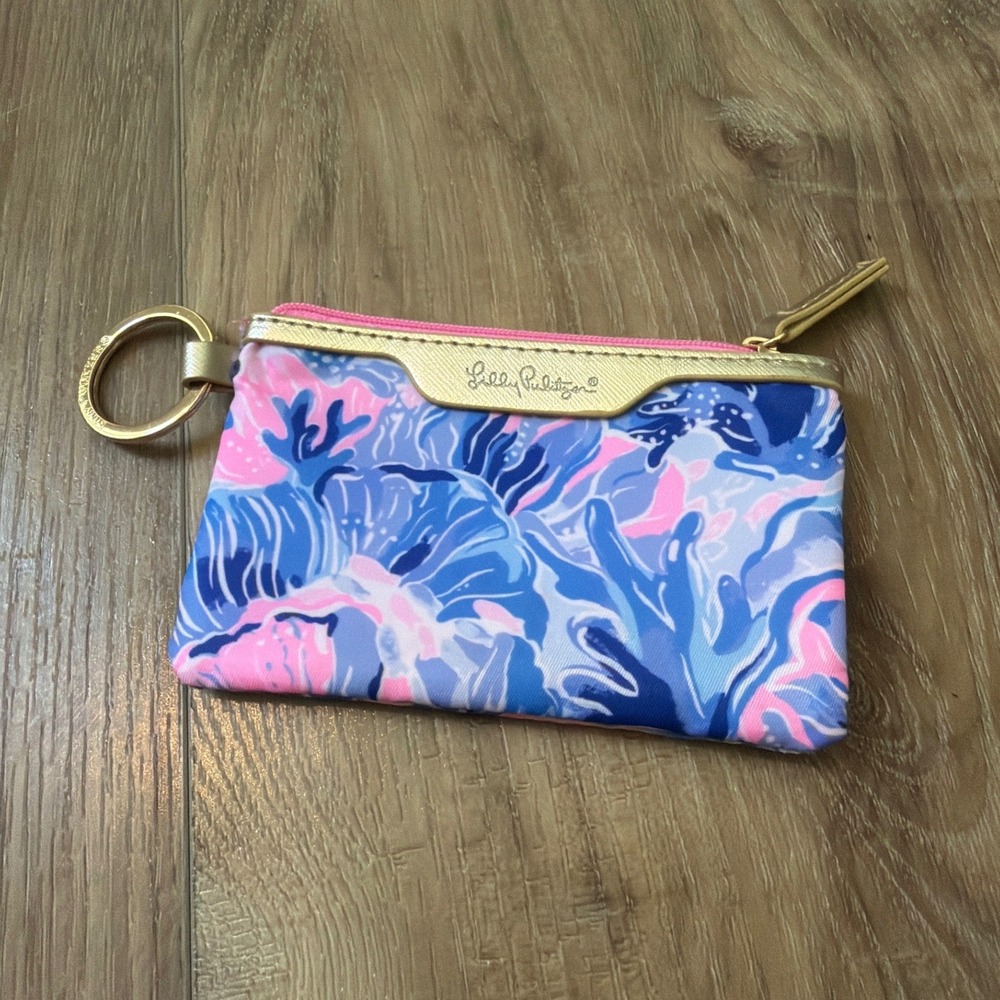 Lilly Pulitzer Wallet Pink Blue Zip ID Case Gold Tone Keychain Card Holder NWOT